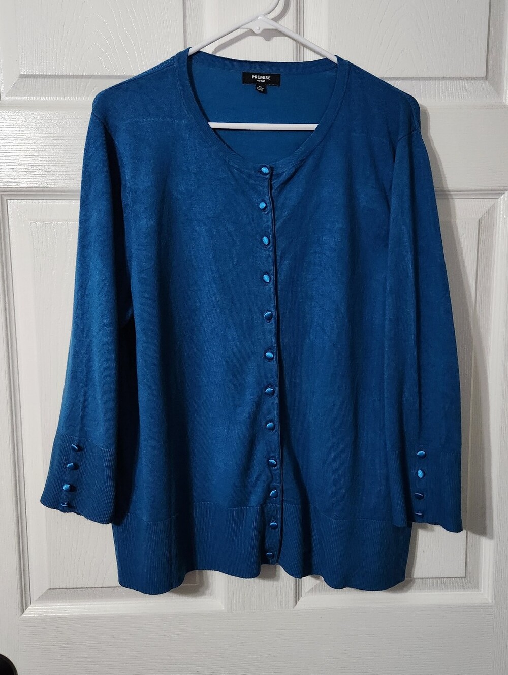 Premise Teal-Blue Button-Front Cardigan, 3/4 Sleeves, Size 2X